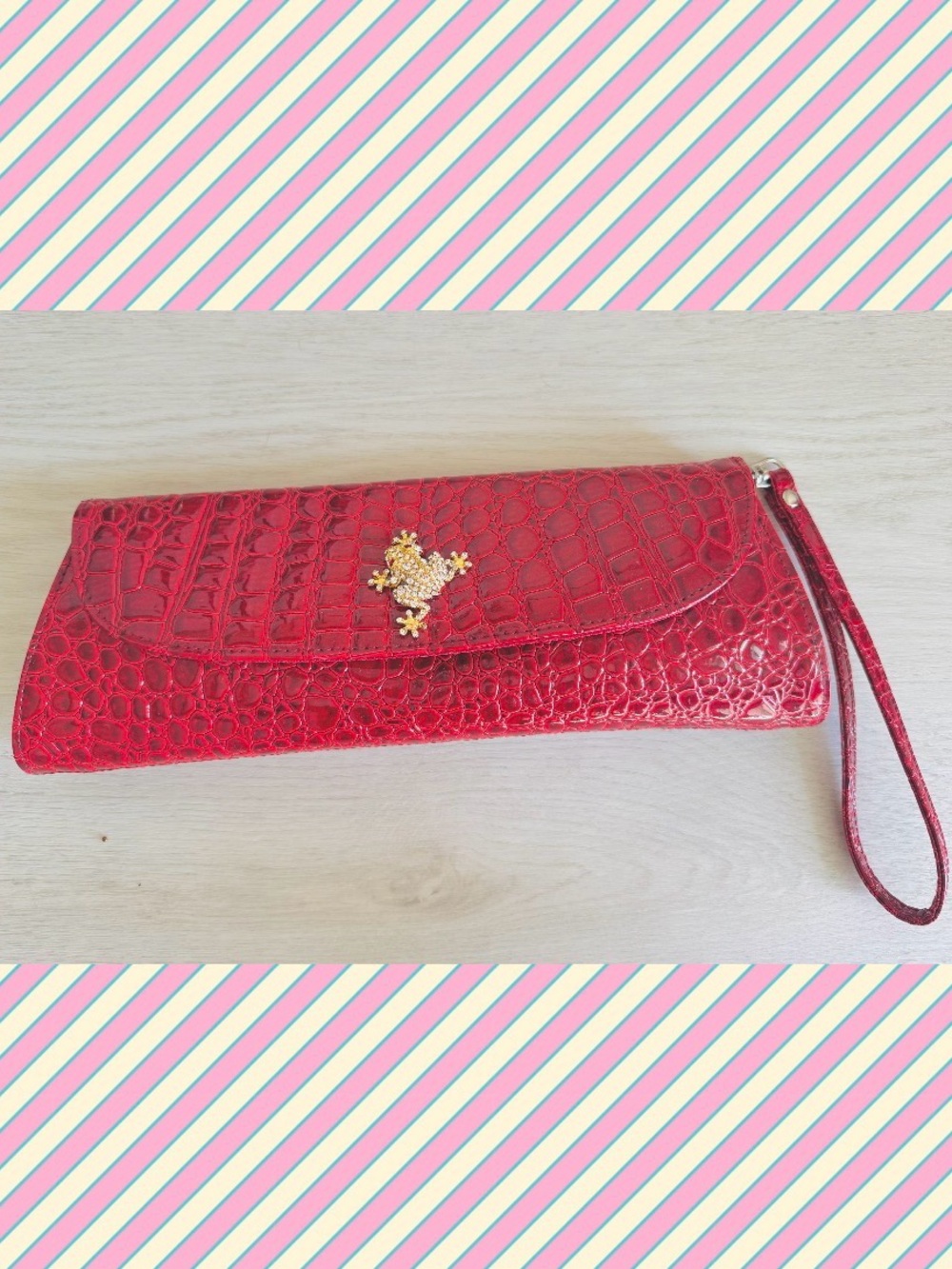 Red Croc-Embossed Wristlet Clutch with Gold Accent